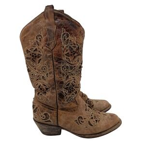 Seven Stars Womens Distressed Leather Cutout Crystal Studded Western Boots 8.5